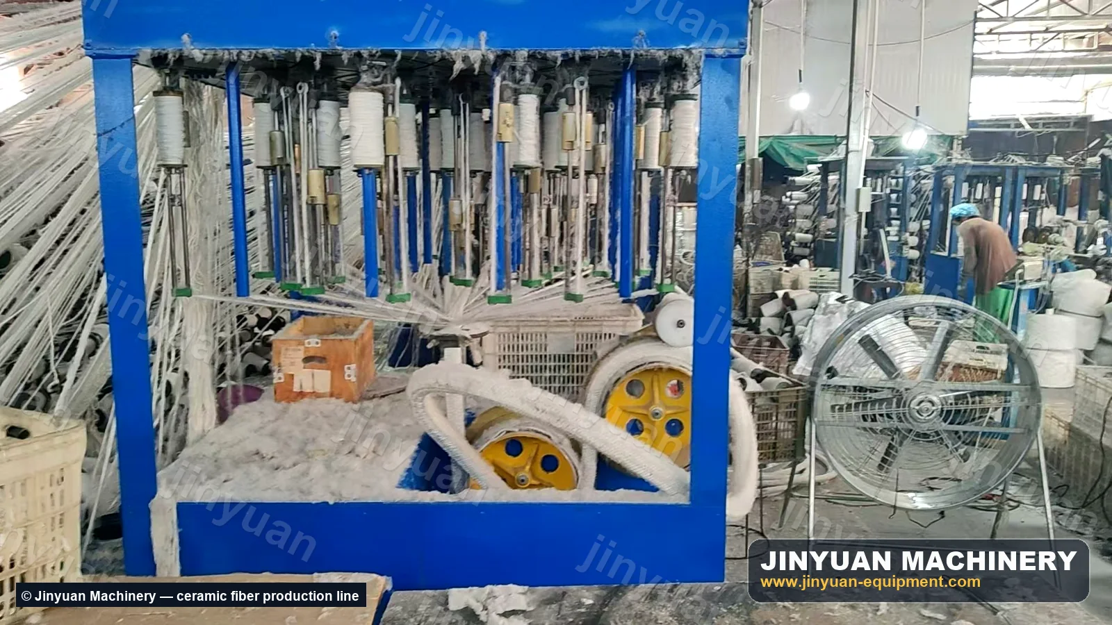 Ceramic fiber braiding machine with yarn bobbins, carriers and take-off rollers