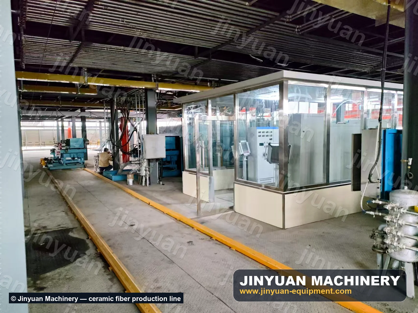 Ceramic fiber production line workshop with enclosed control room and equipment bays
