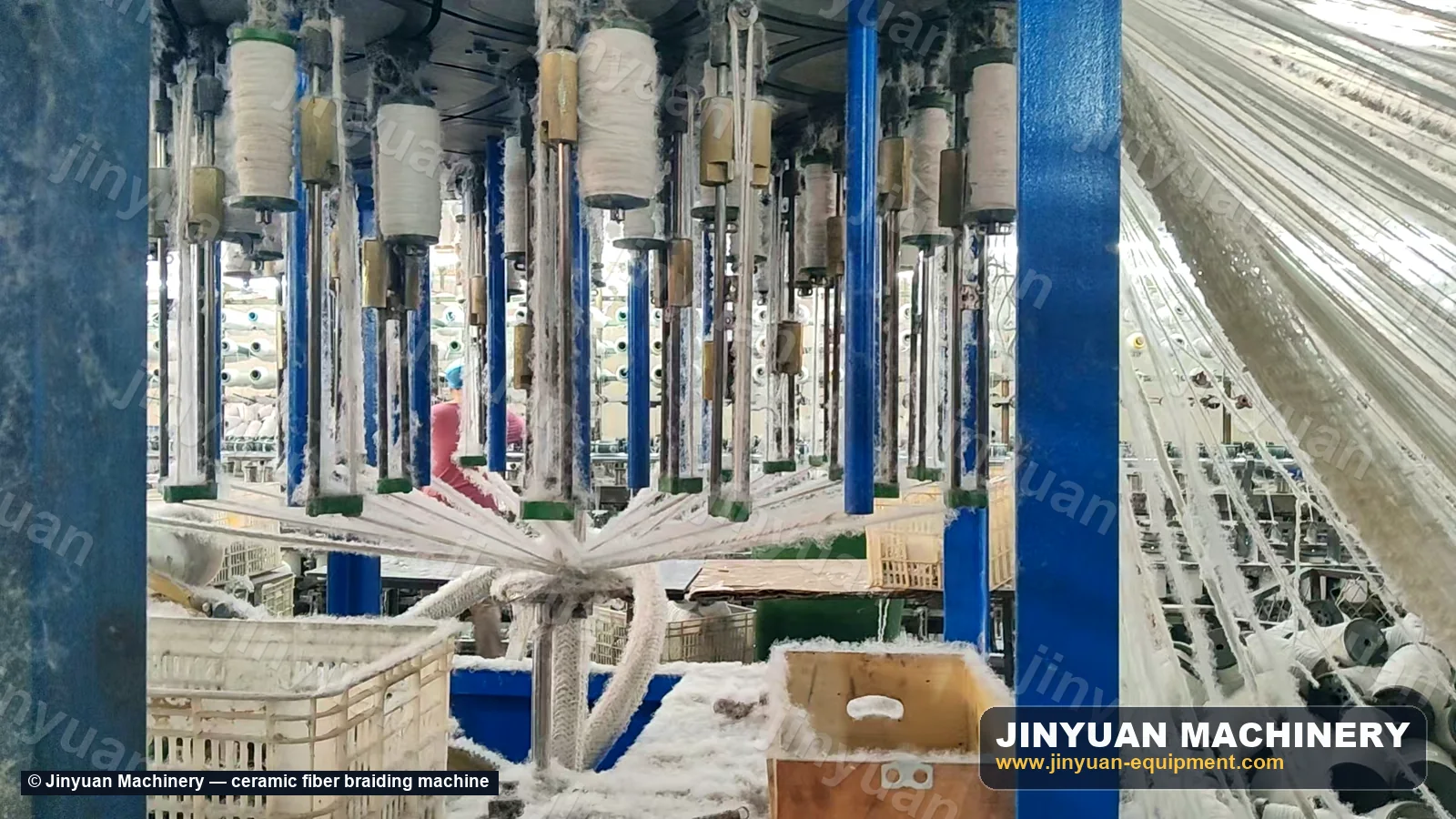 Braid point of a ceramic fiber braiding machine with yarn converging from the carrier ring